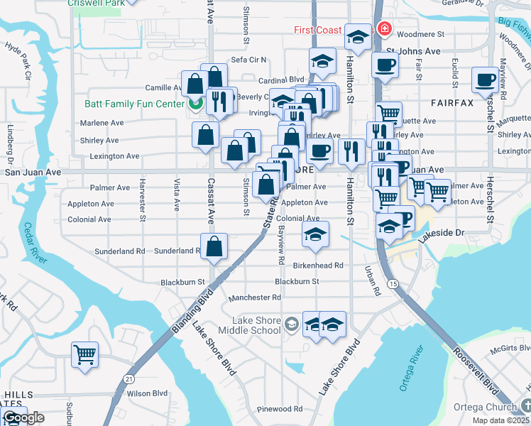 map of restaurants, bars, coffee shops, grocery stores, and more near 4744 Appleton Avenue in Jacksonville