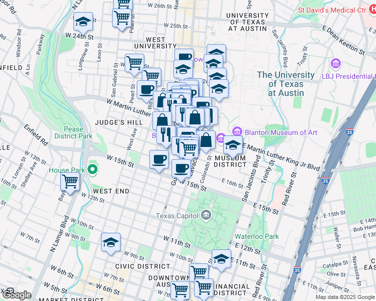 map of restaurants, bars, coffee shops, grocery stores, and more near 1800 Lavaca Street in Austin