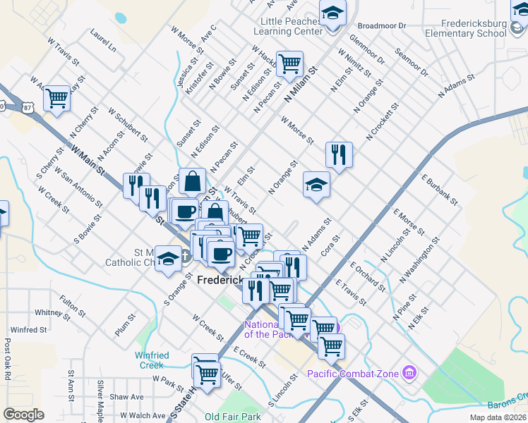 map of restaurants, bars, coffee shops, grocery stores, and more near 302 West Travis Street in Fredericksburg