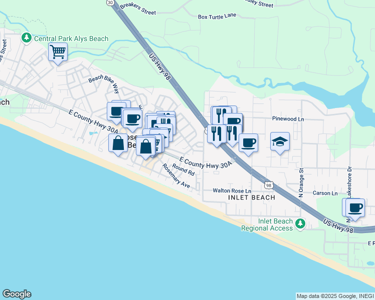 map of restaurants, bars, coffee shops, grocery stores, and more near 195 East Kingstown Road in Rosemary Beach