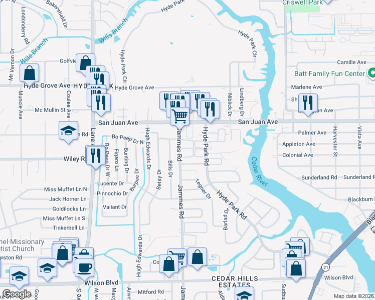 map of restaurants, bars, coffee shops, grocery stores, and more near 2045 Jammes Road in Jacksonville
