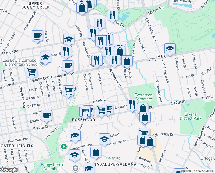 map of restaurants, bars, coffee shops, grocery stores, and more near 3014 East 17th Street in Austin
