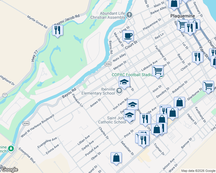map of restaurants, bars, coffee shops, grocery stores, and more near 58641 Captain T T Harris Street in Plaquemine