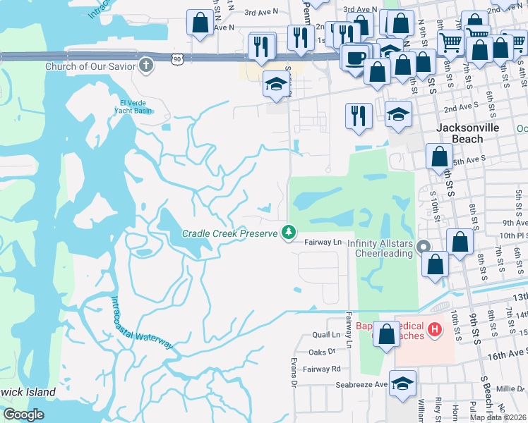 map of restaurants, bars, coffee shops, grocery stores, and more near 688 Marshview Drive in Jacksonville Beach