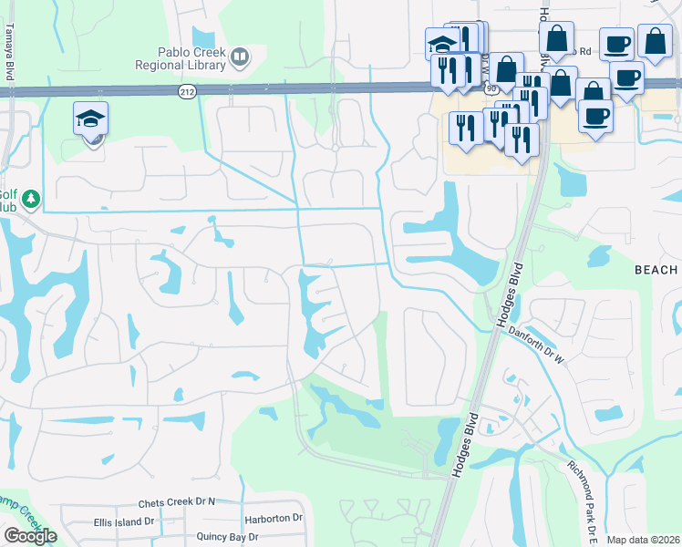 map of restaurants, bars, coffee shops, grocery stores, and more near 13177 Cricket Cove Road North in Jacksonville