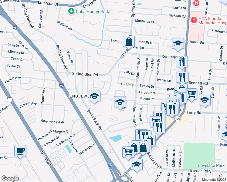 map of restaurants, bars, coffee shops, grocery stores, and more near 4242 Camellia Circle East in Jacksonville