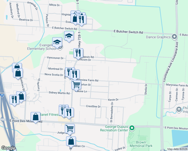 map of restaurants, bars, coffee shops, grocery stores, and more near 305 Maryview Farm Road in Lafayette