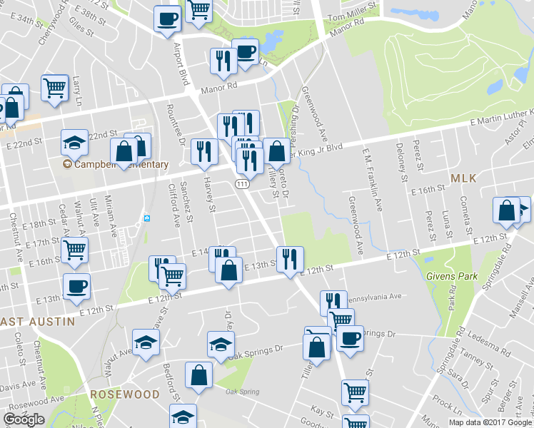 map of restaurants, bars, coffee shops, grocery stores, and more near 1702 Lovingood Drive in Austin