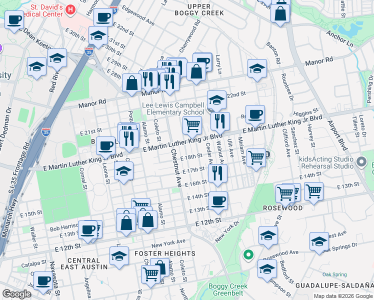 map of restaurants, bars, coffee shops, grocery stores, and more near 2403 East Martin Luther King Junior Boulevard in Austin