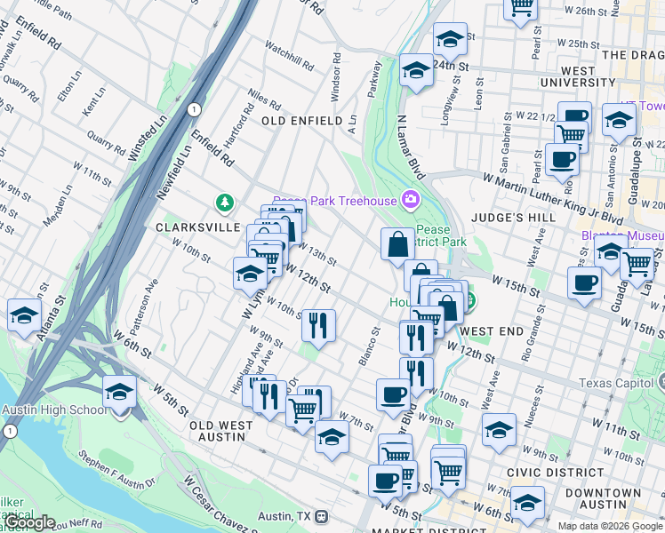 map of restaurants, bars, coffee shops, grocery stores, and more near 1408 West 13th Street in Austin