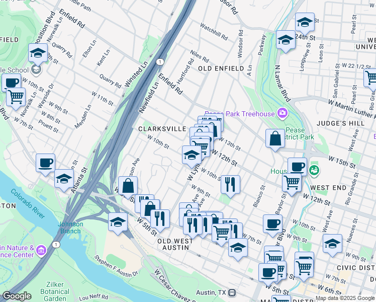 map of restaurants, bars, coffee shops, grocery stores, and more near in Austin