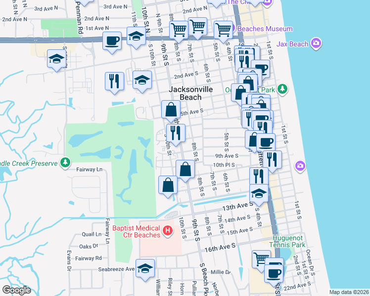 map of restaurants, bars, coffee shops, grocery stores, and more near 726 8th Street South in Jacksonville Beach