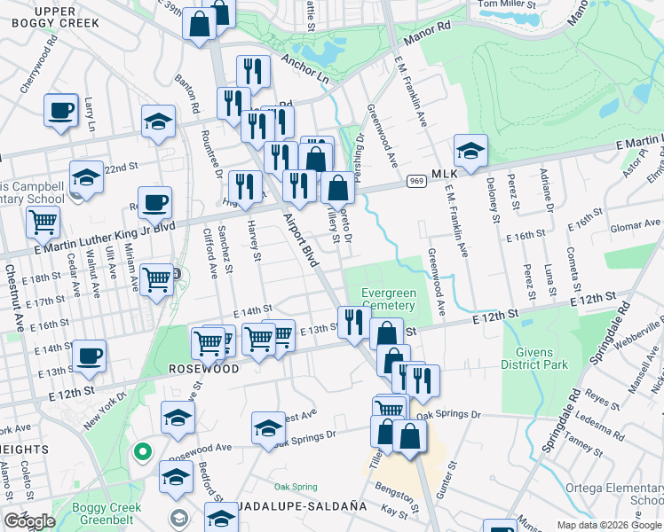 map of restaurants, bars, coffee shops, grocery stores, and more near 1700 Loreto Drive in Austin