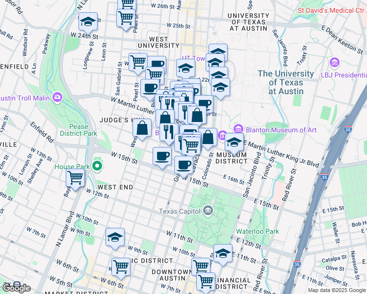 map of restaurants, bars, coffee shops, grocery stores, and more near 1700 Guadalupe Street in Austin