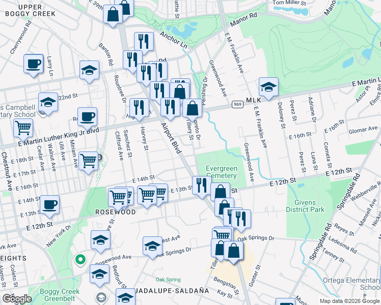 map of restaurants, bars, coffee shops, grocery stores, and more near 1700 Loreto Drive in Austin