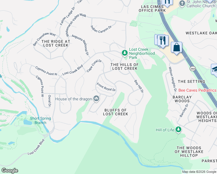 map of restaurants, bars, coffee shops, grocery stores, and more near 5908 Front Royal Drive in Austin