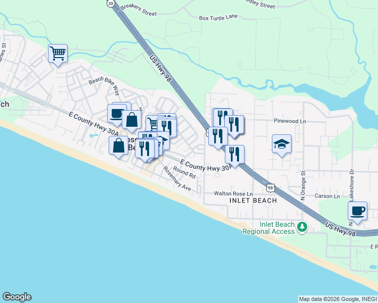map of restaurants, bars, coffee shops, grocery stores, and more near 195 East Kingstown Road in Rosemary Beach
