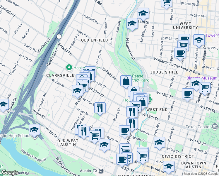 map of restaurants, bars, coffee shops, grocery stores, and more near 1300 Lorrain Street in Austin
