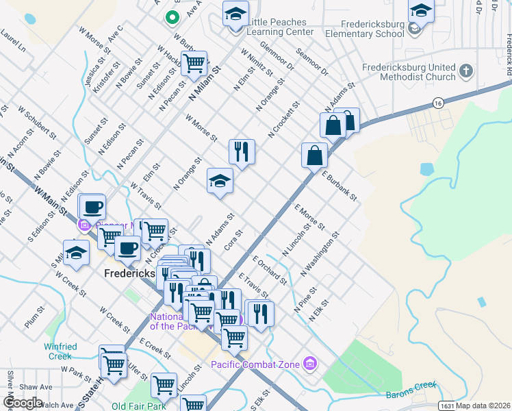 map of restaurants, bars, coffee shops, grocery stores, and more near 104 East Centre Street in Fredericksburg