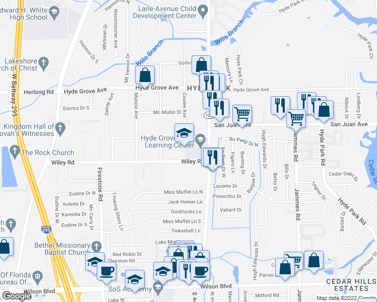 map of restaurants, bars, coffee shops, grocery stores, and more near 2056 Lane Avenue South in Jacksonville