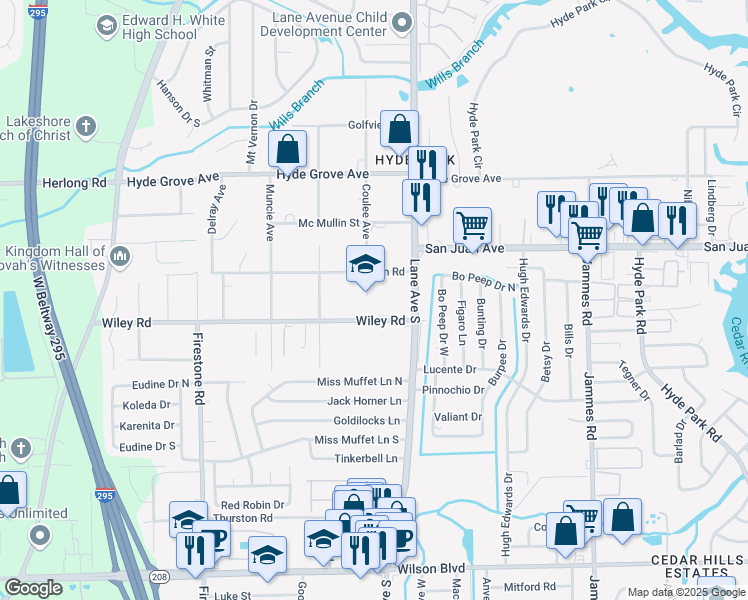 map of restaurants, bars, coffee shops, grocery stores, and more near 2056 Lane Avenue South in Jacksonville