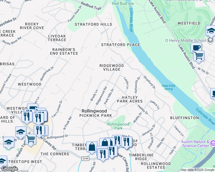 map of restaurants, bars, coffee shops, grocery stores, and more near 401 Brady Lane in Austin