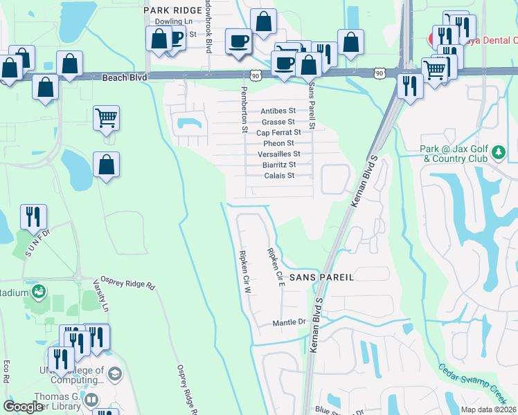 map of restaurants, bars, coffee shops, grocery stores, and more near 12132 Bayonne Street in Jacksonville
