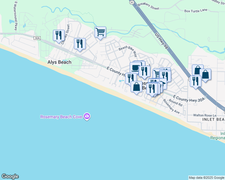 map of restaurants, bars, coffee shops, grocery stores, and more near 10140 East County Highway 30A in Rosemary Beach