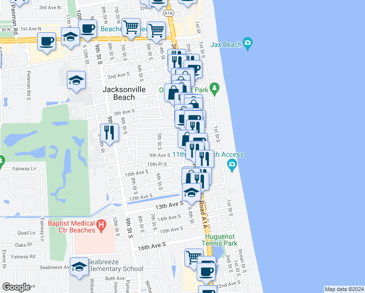 map of restaurants, bars, coffee shops, grocery stores, and more near 404 Upper 8th Avenue South in Jacksonville Beach
