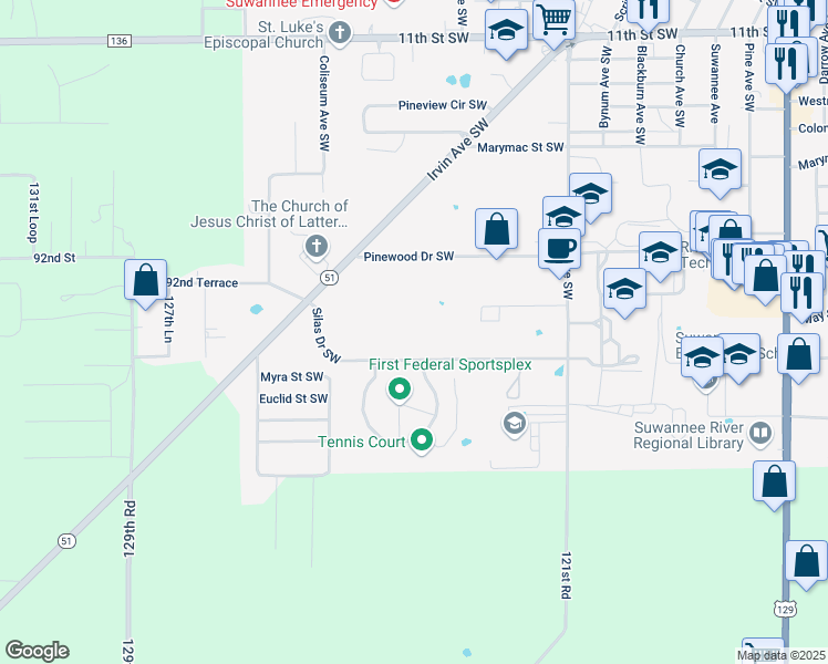 map of restaurants, bars, coffee shops, grocery stores, and more near 1120 Silas Drive Southwest in Live Oak