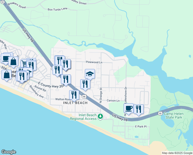 map of restaurants, bars, coffee shops, grocery stores, and more near 160 Sandpine Loop in Rosemary Beach