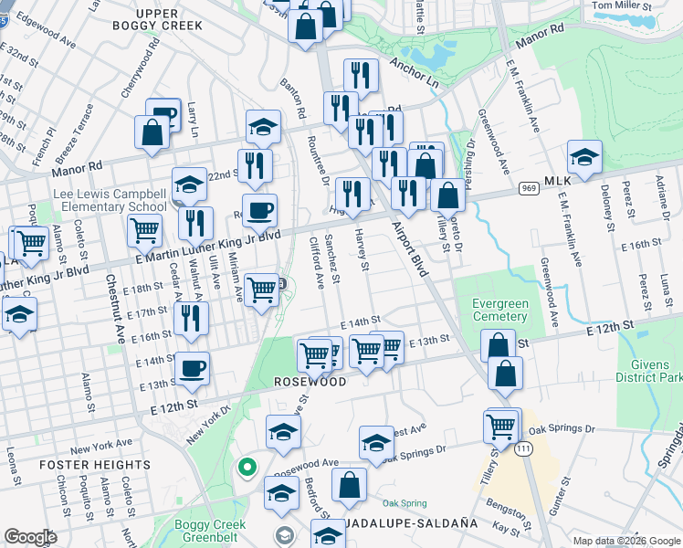 map of restaurants, bars, coffee shops, grocery stores, and more near 1706 Sanchez Street in Austin