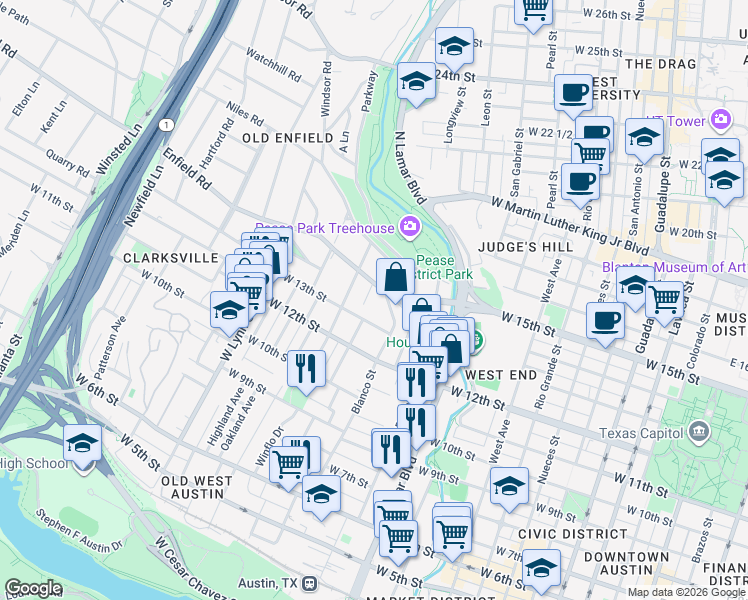 map of restaurants, bars, coffee shops, grocery stores, and more near 1403 Lorrain Street in Austin