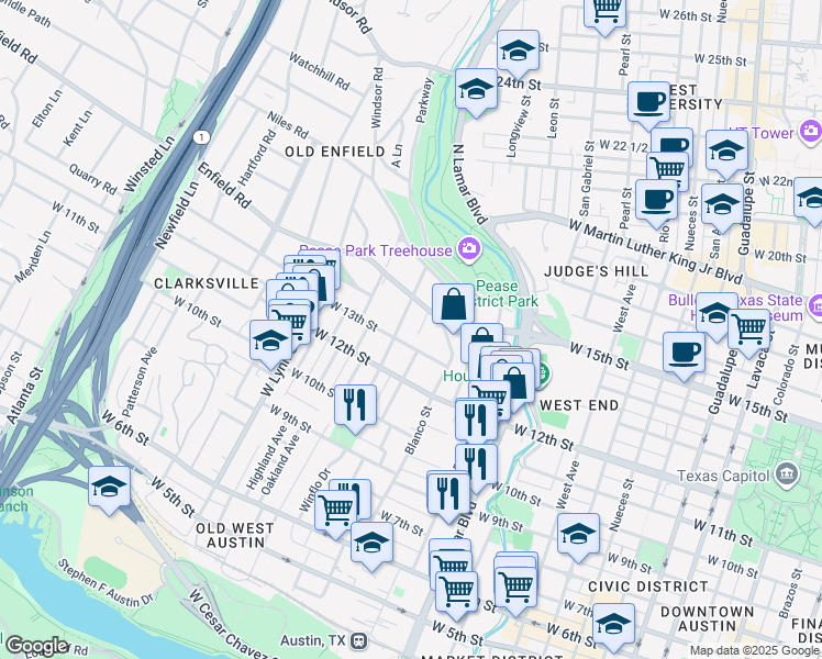 map of restaurants, bars, coffee shops, grocery stores, and more near 1403 Lorrain Street in Austin