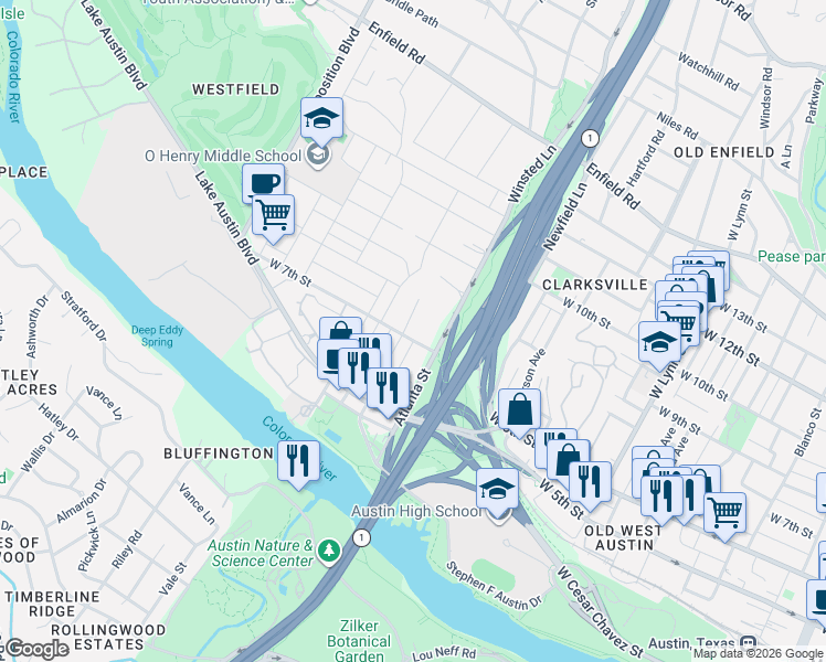 map of restaurants, bars, coffee shops, grocery stores, and more near 709 Upson Street in Austin