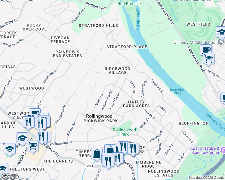 map of restaurants, bars, coffee shops, grocery stores, and more near 401 Brady Lane in Austin