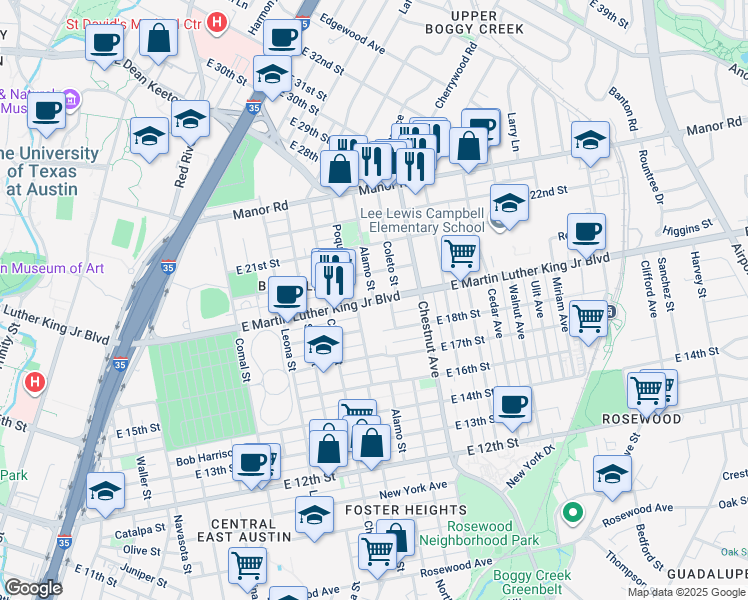 map of restaurants, bars, coffee shops, grocery stores, and more near E Martin Luther King Jr Blvd & Alamo St in Austin
