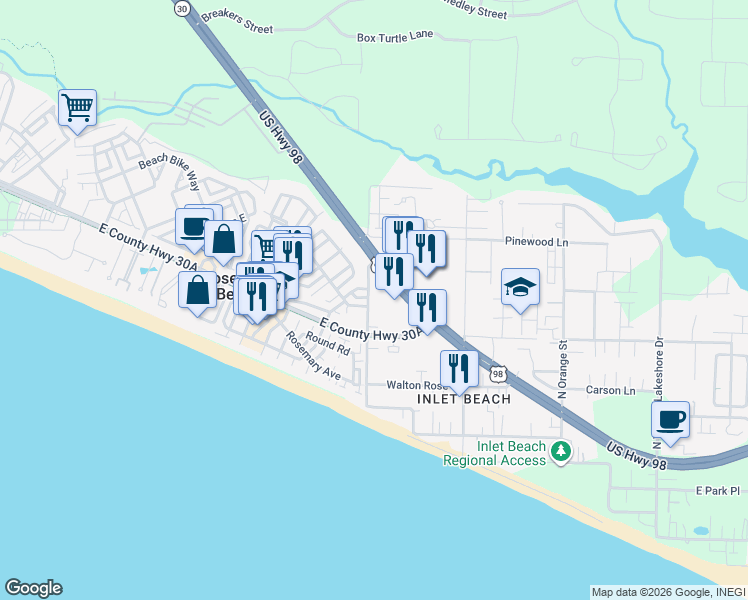 map of restaurants, bars, coffee shops, grocery stores, and more near 114 North Winston Lane in Panama City Beach
