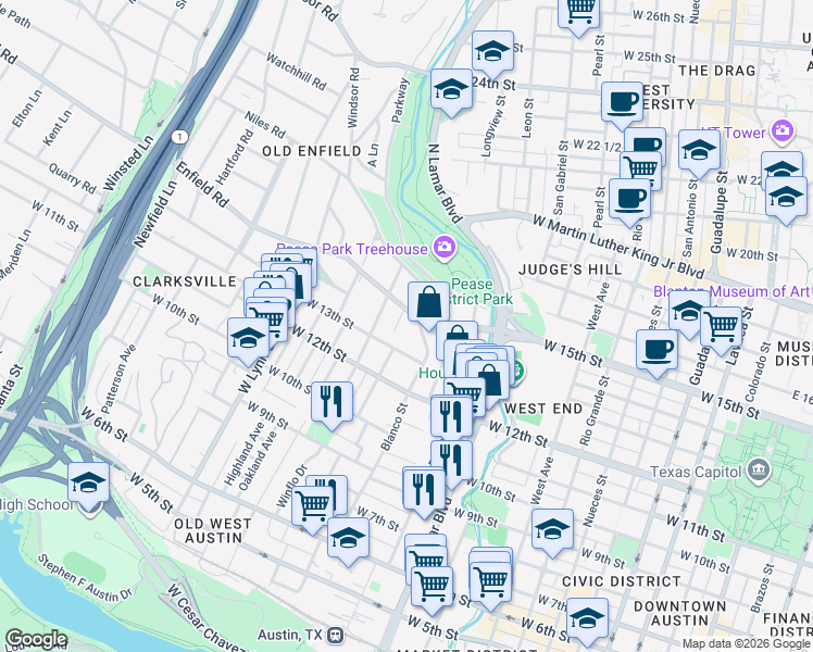 map of restaurants, bars, coffee shops, grocery stores, and more near 1403 Lorrain Street in Austin