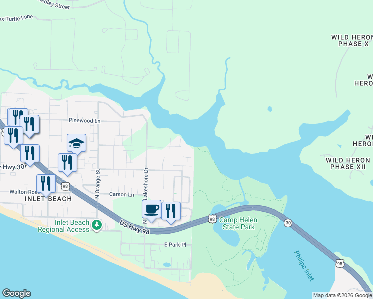 map of restaurants, bars, coffee shops, grocery stores, and more near 195 Earl Road in Panama City Beach