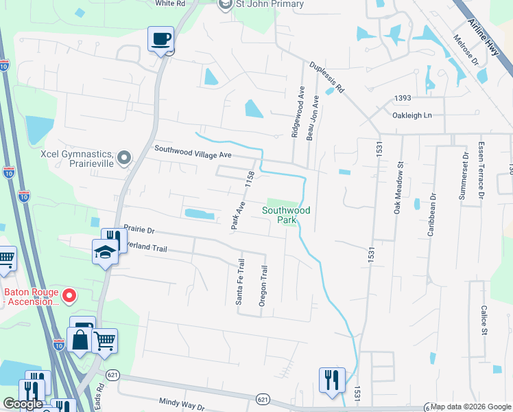 map of restaurants, bars, coffee shops, grocery stores, and more near 37489 East Parkwood Avenue in Prairieville