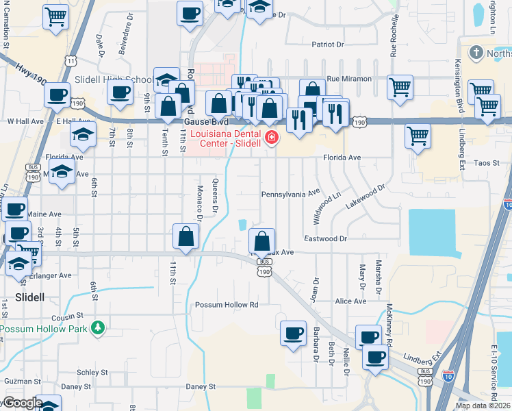 map of restaurants, bars, coffee shops, grocery stores, and more near 1113 Pennsylvania Avenue in Slidell