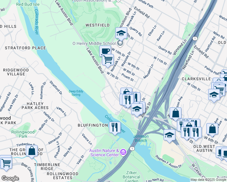 map of restaurants, bars, coffee shops, grocery stores, and more near 2602 Lake Austin Boulevard in Austin