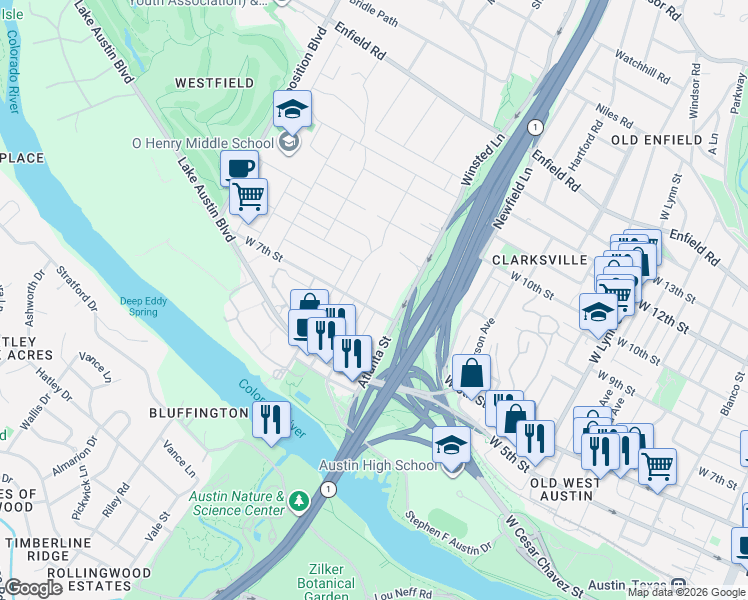 map of restaurants, bars, coffee shops, grocery stores, and more near 709 Upson Street in Austin