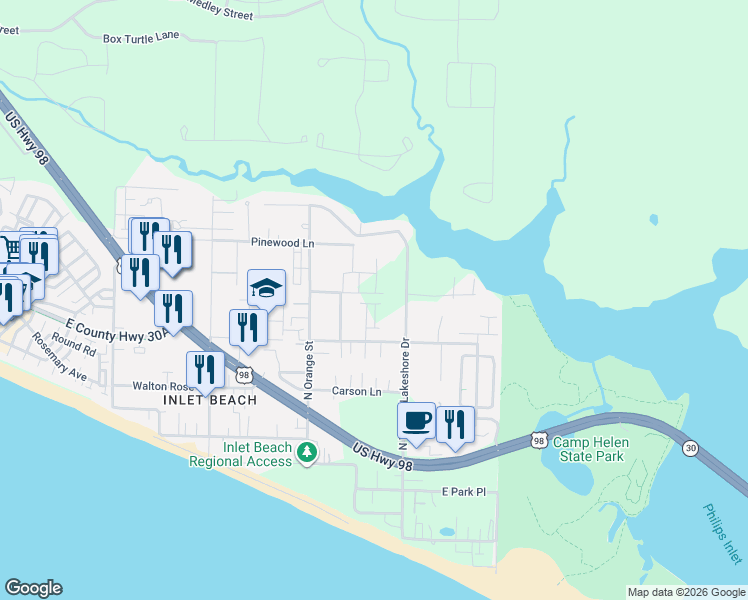 map of restaurants, bars, coffee shops, grocery stores, and more near 433 North Walton Lakeshore Drive in Panama City Beach