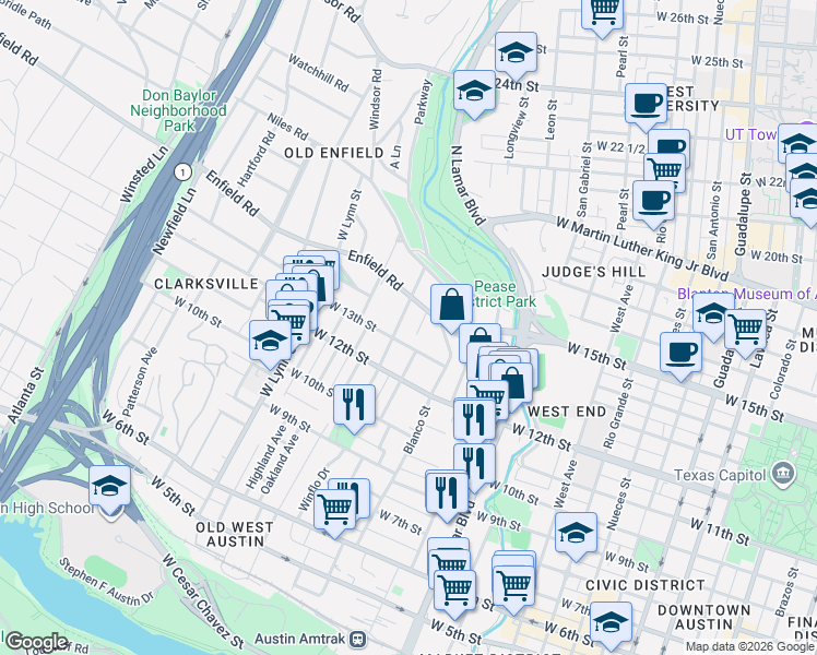map of restaurants, bars, coffee shops, grocery stores, and more near 1305 Lorrain Street in Austin