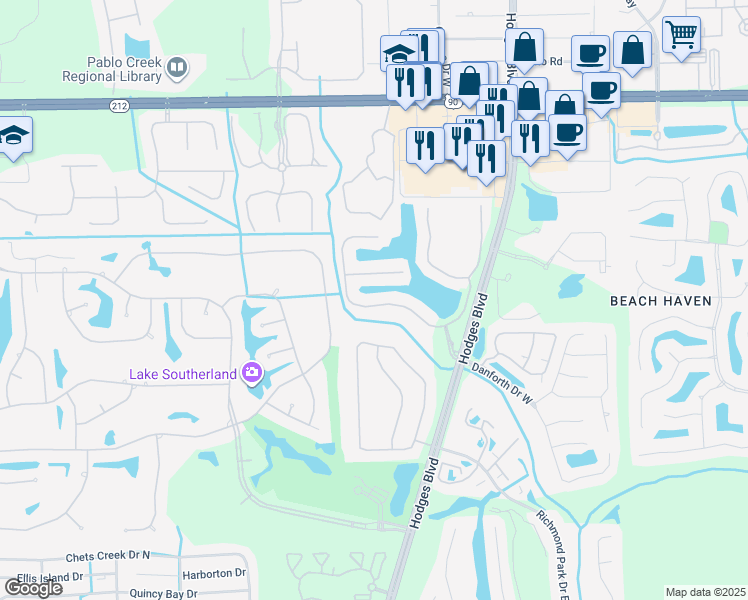 map of restaurants, bars, coffee shops, grocery stores, and more near 13517 Isla Vista Drive in Jacksonville