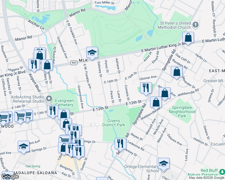 map of restaurants, bars, coffee shops, grocery stores, and more near 1403 Perez Street in Austin