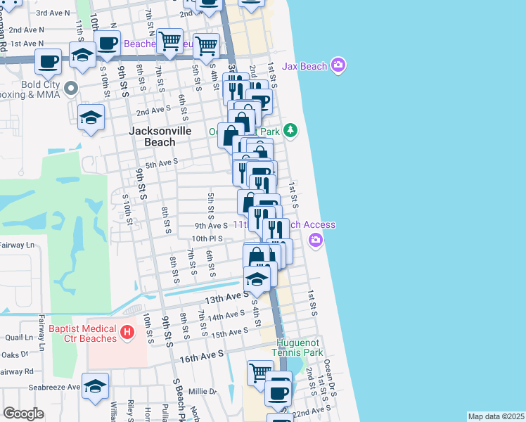 map of restaurants, bars, coffee shops, grocery stores, and more near 815 Florida A1A in Jacksonville Beach