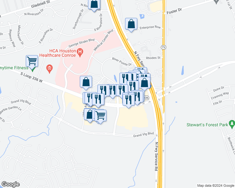 map of restaurants, bars, coffee shops, grocery stores, and more near 305 River Pointe Drive in Conroe